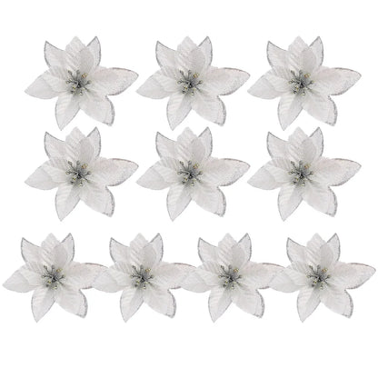 50/10x Large Artificial Sparking Glitter Christmas Flowers DIY Xmas Tree Floral Ornaments Red Poinsettia Flower for Party Decora