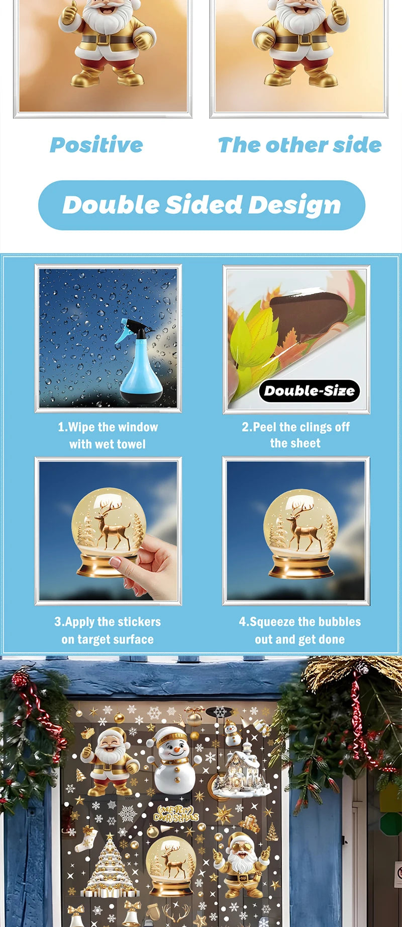 Christmas Window Clings Set Santa Cabin Reindeer Snowman Snowflake Gifts Holiday Static Stickers Mall Balcony Shop Decoration