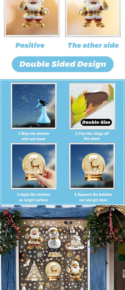 Christmas Window Clings Set Santa Cabin Reindeer Snowman Snowflake Gifts Holiday Static Stickers Mall Balcony Shop Decoration