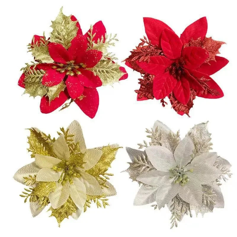 50/10x Large Artificial Sparking Glitter Christmas Flowers DIY Xmas Tree Floral Ornaments Red Poinsettia Flower for Party Decora