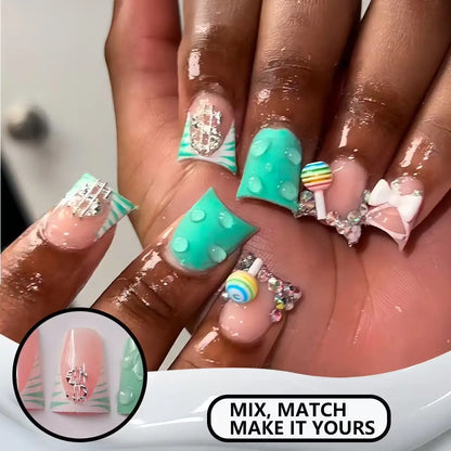 24pcs Nude Pink Sweet Fake Nails Short Duckbill Leopard Print French False Nails With 3D Bowknots Butterfly Cherry Press On Nail