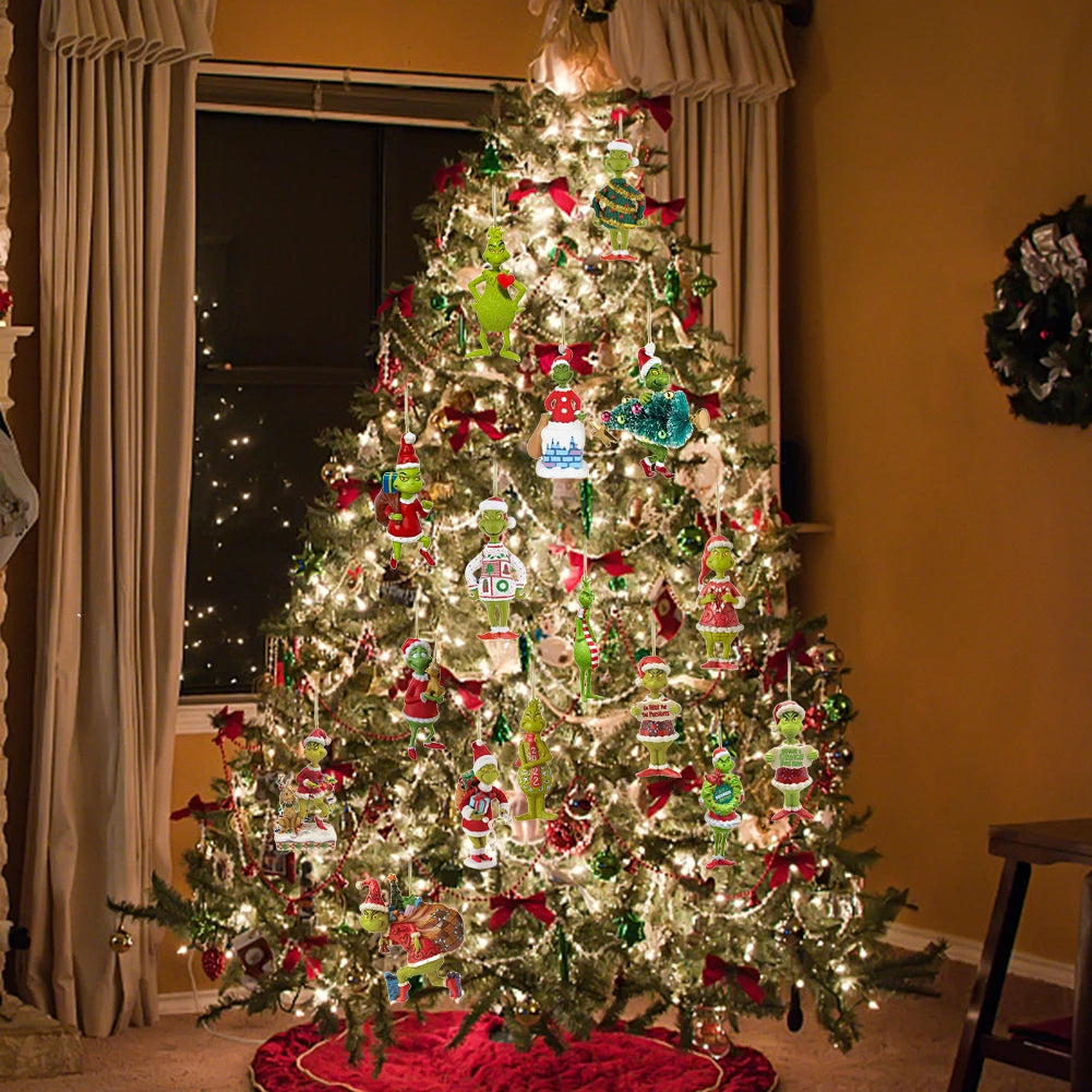 2D Acrylic Paper Christmas Tree Green Monsters Ornaments Cute Green Monsters Christmas Tree Pendants Christmas Cartoon Ornaments