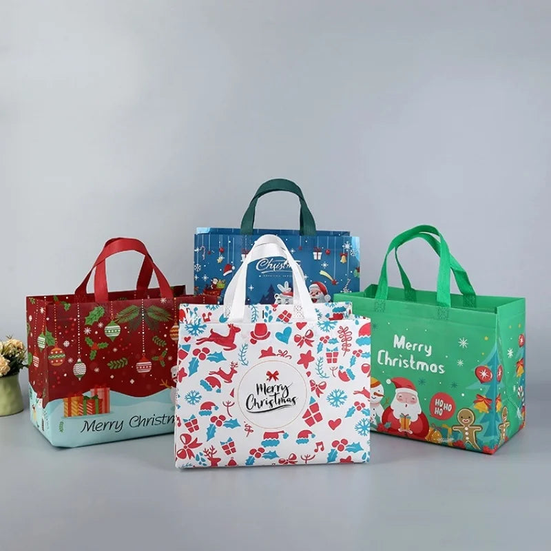 10PC New in Christmas Gift Bags Cartoon Cute Print Santa Elk Snowman Printing Non Woven Foldable Storage Handbag Party Supplies