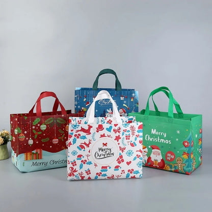 10PC New in Christmas Gift Bags Cartoon Cute Print Santa Elk Snowman Printing Non Woven Foldable Storage Handbag Party Supplies