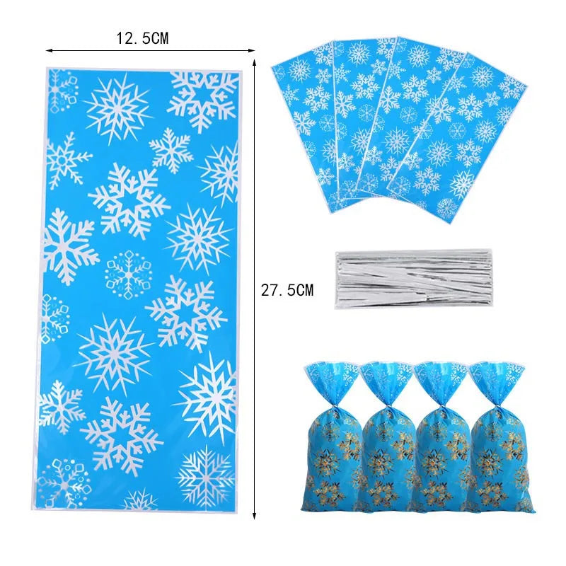 10/20/30/40/50/100pcs Christmas Cellophane Bags Snowflake Treat Bag Winter Goodie Bag Blue Plastic Snowflake Bag with Twist Ties
