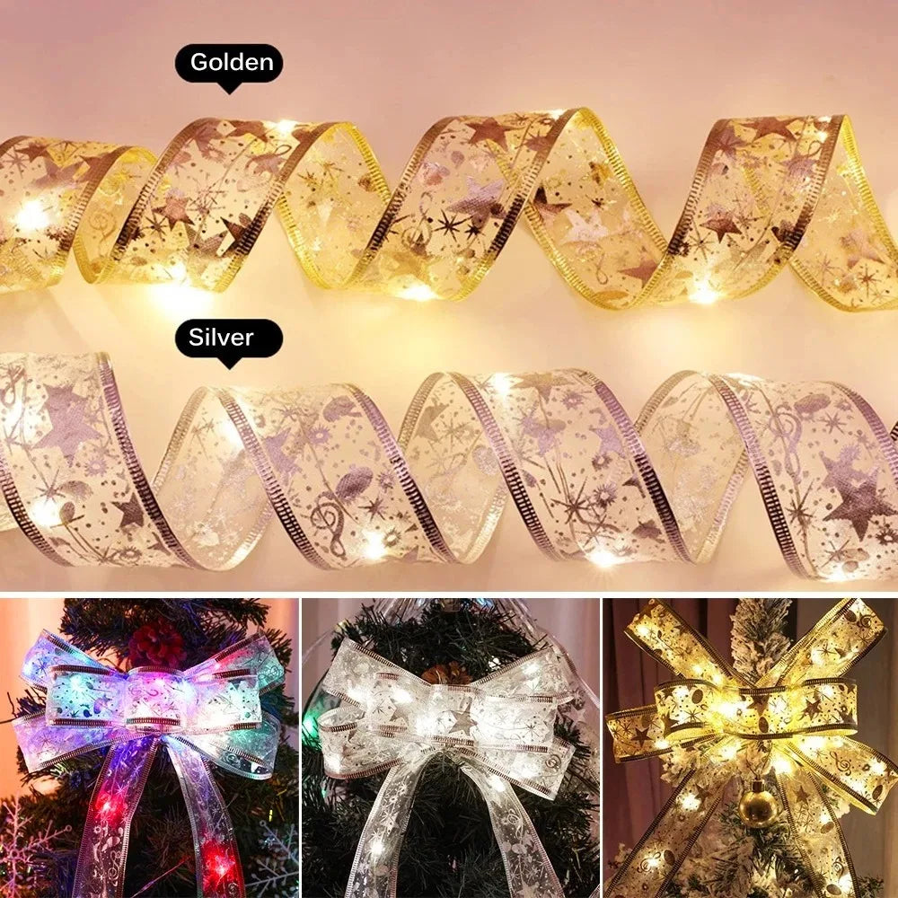 Christmas Ribbon Fairy Light Christmas Decoration For Home 2025 DIY Bows String Light Tree Ornaments Xmas Decor New Year 2026