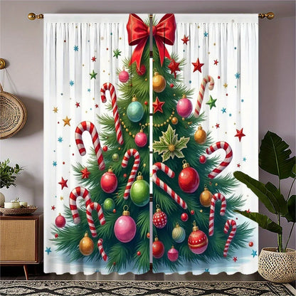 2pcs Festive Christmas Curtains - Red & White Striped with Golden & Silvery Balls, Rod Pocket Design, Semi-Transparent Polyester