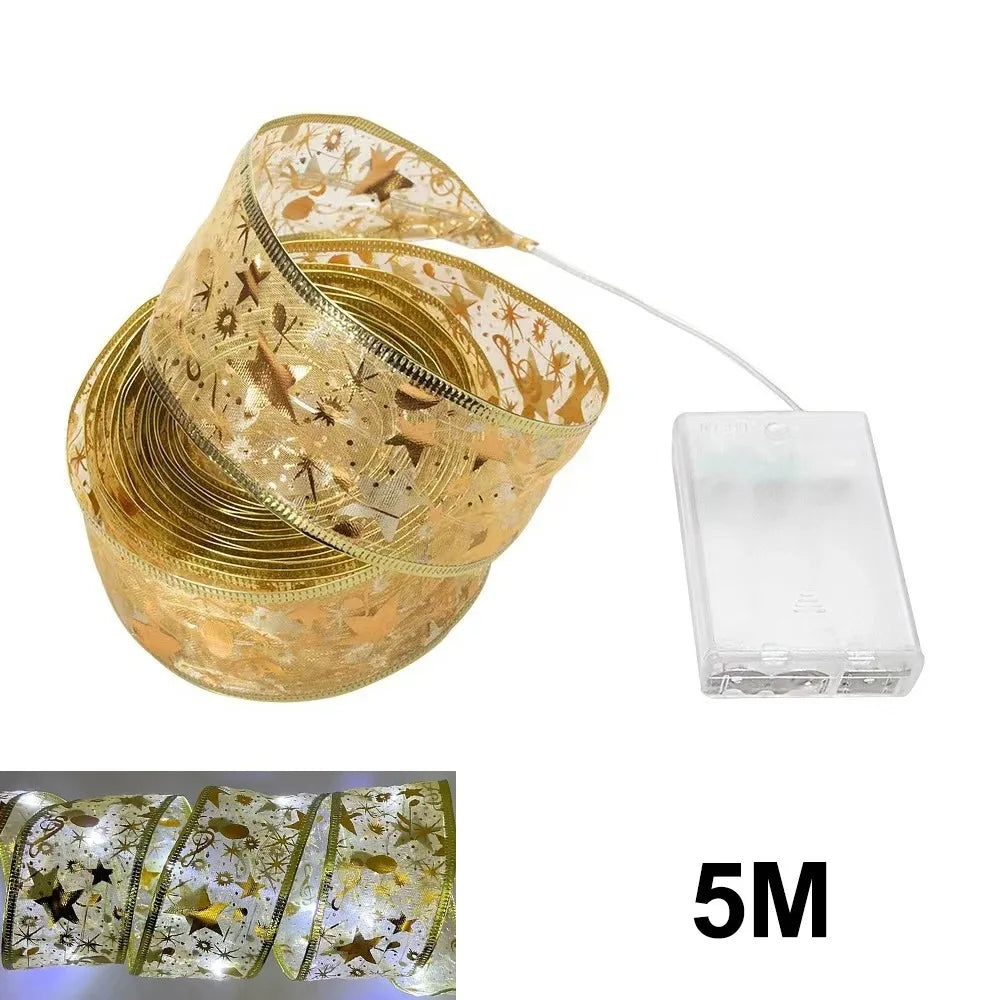 Christmas Ribbon Fairy Light Christmas Decoration For Home 2025 DIY Bows String Light Tree Ornaments Xmas Decor New Year 2026