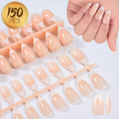 150Pcs Pre-made French False Nails Scarless Coffin Almond Fake Nail Artificial Fingernails Press on Nails for Nail Extension