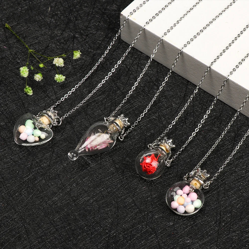 Transparent Glass Vial Necklace Wishing Bottle Dried Flower Pendant Jewellery Openable Screw Cap Steel Chain Charm Perfume Jars