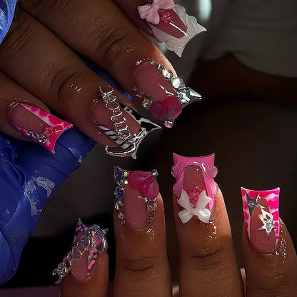 24pcs Nude Pink Sweet Fake Nails Short Duckbill Leopard Print French False Nails With 3D Bowknots Butterfly Cherry Press On Nail