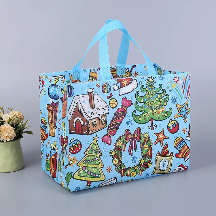 10PC New in Christmas Gift Bags Cartoon Cute Print Santa Elk Snowman Printing Non Woven Foldable Storage Handbag Party Supplies