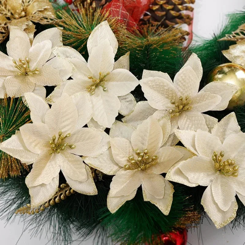 50/10x Large Artificial Sparking Glitter Christmas Flowers DIY Xmas Tree Floral Ornaments Red Poinsettia Flower for Party Decora