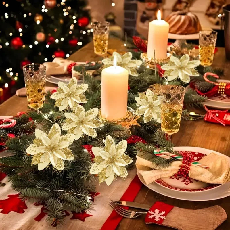 50/10x Large Artificial Sparking Glitter Christmas Flowers DIY Xmas Tree Floral Ornaments Red Poinsettia Flower for Party Decora