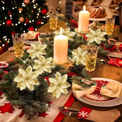 50/10x Large Artificial Sparking Glitter Christmas Flowers DIY Xmas Tree Floral Ornaments Red Poinsettia Flower for Party Decora