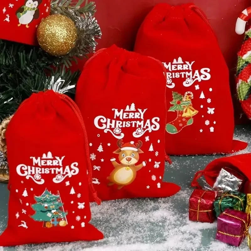 Christmas Velvet Bags 9x12cm 13x18cm Small Candy Gifts Bag Drawstring Pouch Xmas Decoration Favor Bracelet Jewelry Packaging Bag
