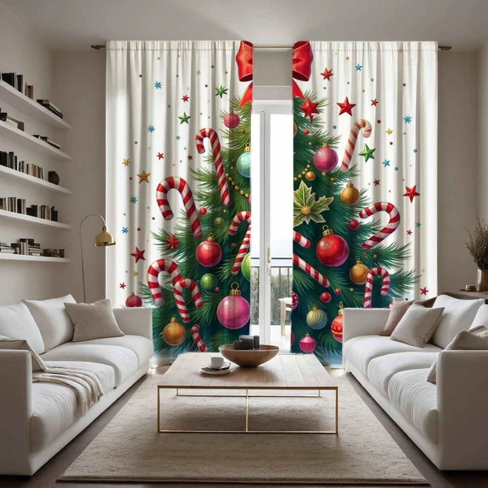 2pcs Festive Christmas Curtains - Red & White Striped with Golden & Silvery Balls, Rod Pocket Design, Semi-Transparent Polyester