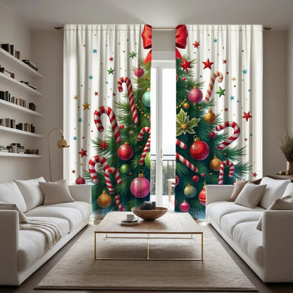 2pcs Festive Christmas Curtains - Red & White Striped with Golden & Silvery Balls, Rod Pocket Design, Semi-Transparent Polyester