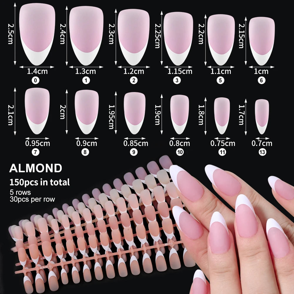 150Pcs Pre-made French False Nails Scarless Coffin Almond Fake Nail Artificial Fingernails Press on Nails for Nail Extension
