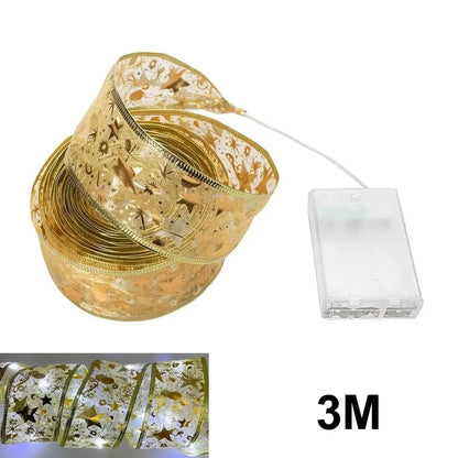 Christmas Ribbon Fairy Light Christmas Decoration For Home 2025 DIY Bows String Light Tree Ornaments Xmas Decor New Year 2026