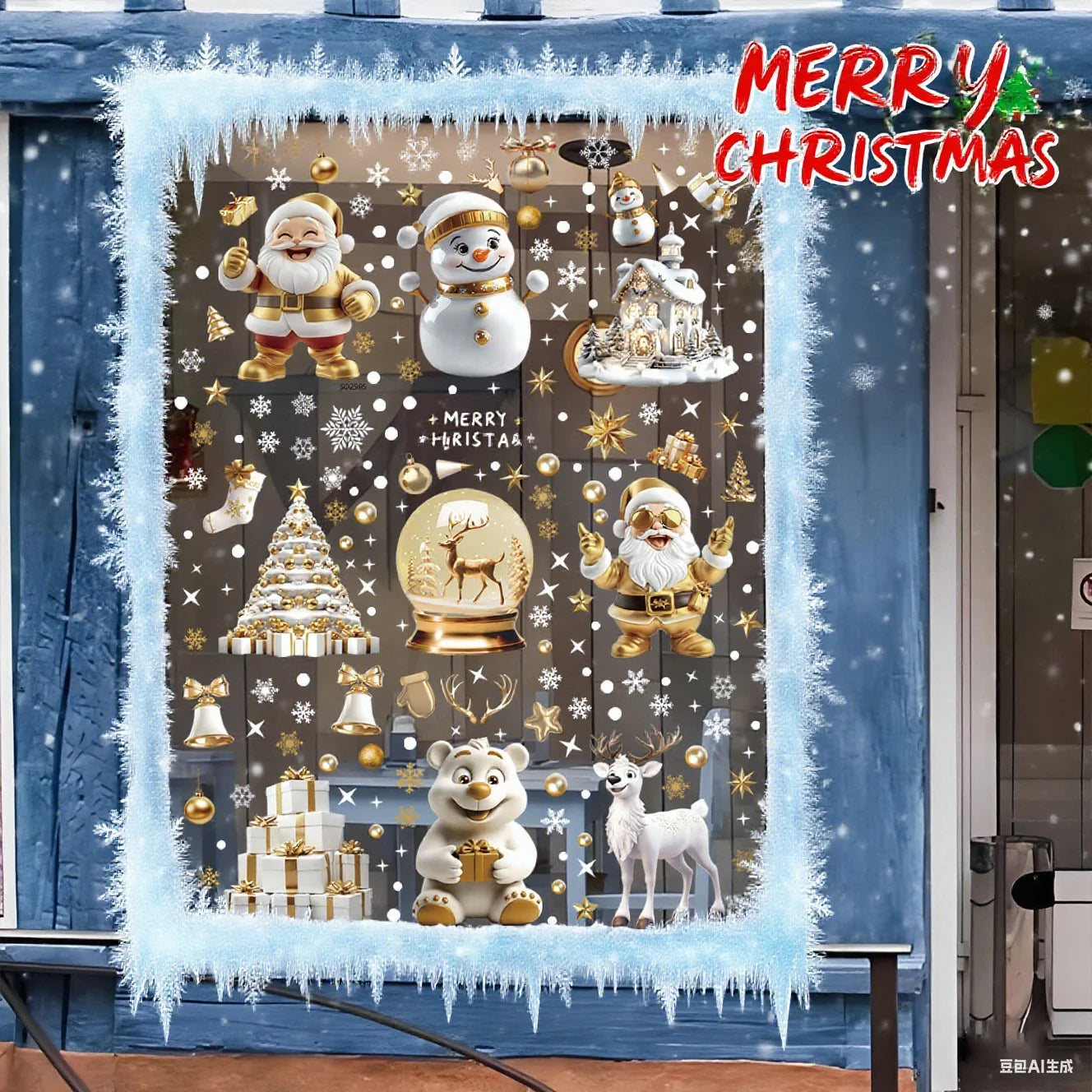 Christmas Window Clings Set Santa Cabin Reindeer Snowman Snowflake Gifts Holiday Static Stickers Mall Balcony Shop Decoration