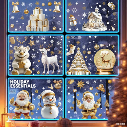 Christmas Window Clings Set Santa Cabin Reindeer Snowman Snowflake Gifts Holiday Static Stickers Mall Balcony Shop Decoration