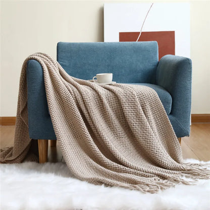Textile City Nordic Knitted Throw Blanket Shawl Sofa Blanket Soild with Tassels Sofa Scarf Emulation Fleece Bedspread Decor