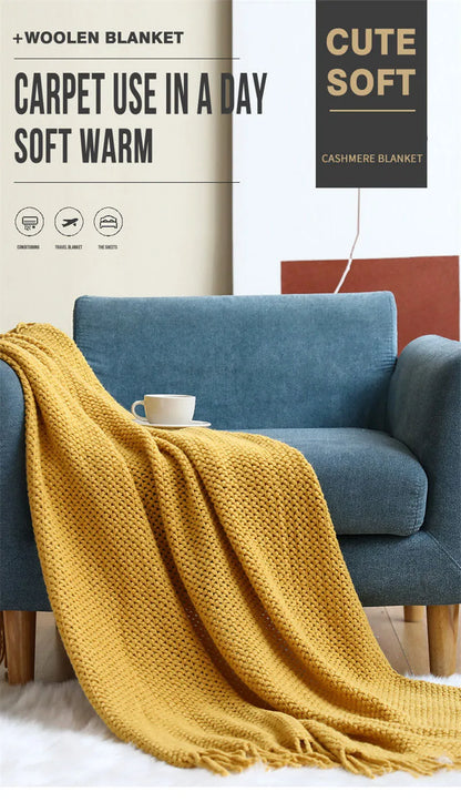 Textile City Nordic Knitted Throw Blanket Shawl Sofa Blanket Soild with Tassels Sofa Scarf Emulation Fleece Bedspread Decor