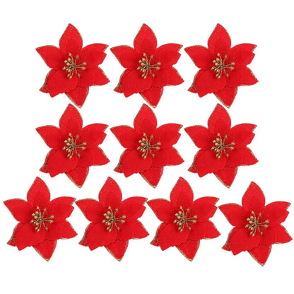 50/10x Large Artificial Sparking Glitter Christmas Flowers DIY Xmas Tree Floral Ornaments Red Poinsettia Flower for Party Decora