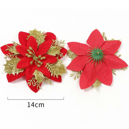 50/10x Large Artificial Sparking Glitter Christmas Flowers DIY Xmas Tree Floral Ornaments Red Poinsettia Flower for Party Decora