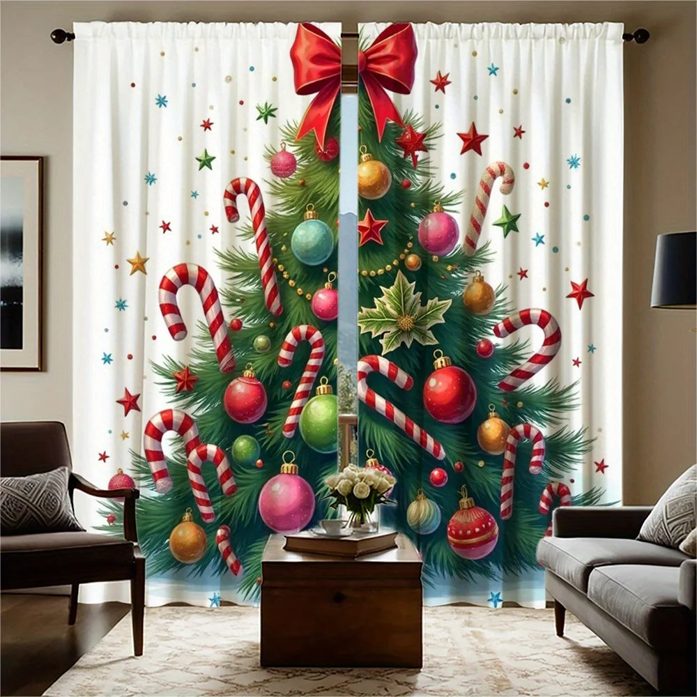 2pcs Festive Christmas Curtains - Red & White Striped with Golden & Silvery Balls, Rod Pocket Design, Semi-Transparent Polyester