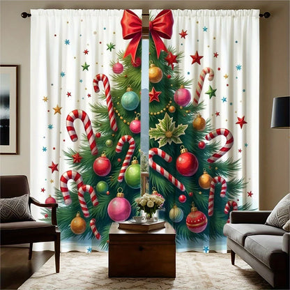 2pcs Festive Christmas Curtains - Red & White Striped with Golden & Silvery Balls, Rod Pocket Design, Semi-Transparent Polyester