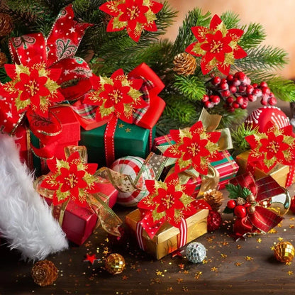 50/10x Large Artificial Sparking Glitter Christmas Flowers DIY Xmas Tree Floral Ornaments Red Poinsettia Flower for Party Decora