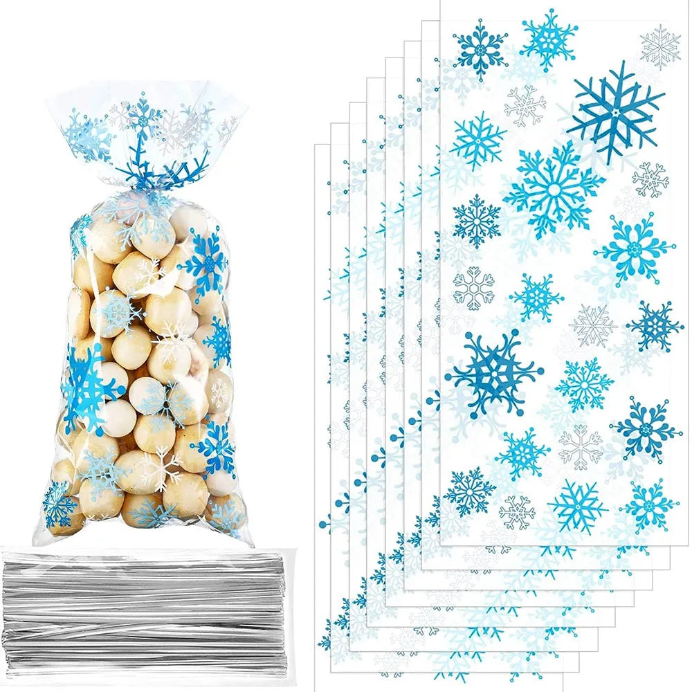 10/20/30/40/50/100pcs Christmas Cellophane Bags Snowflake Treat Bag Winter Goodie Bag Blue Plastic Snowflake Bag with Twist Ties