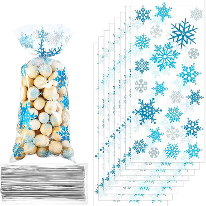 10/20/30/40/50/100pcs Christmas Cellophane Bags Snowflake Treat Bag Winter Goodie Bag Blue Plastic Snowflake Bag with Twist Ties