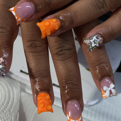 24pcs Nude Pink Sweet Fake Nails Short Duckbill Leopard Print French False Nails With 3D Bowknots Butterfly Cherry Press On Nail