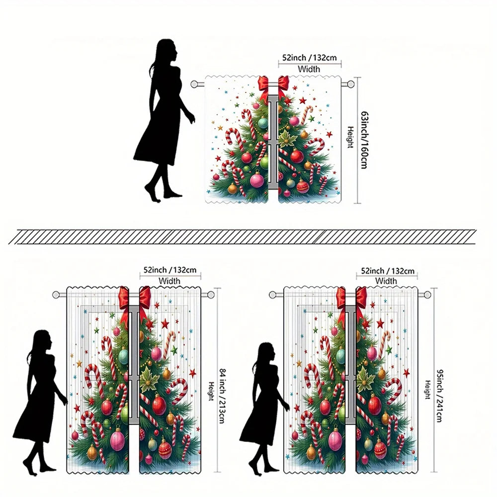 2pcs Festive Christmas Curtains - Red & White Striped with Golden & Silvery Balls, Rod Pocket Design, Semi-Transparent Polyester