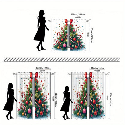 2pcs Festive Christmas Curtains - Red & White Striped with Golden & Silvery Balls, Rod Pocket Design, Semi-Transparent Polyester