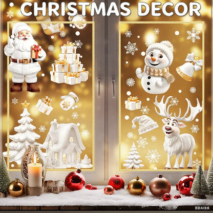 Christmas Window Clings Set Santa Cabin Reindeer Snowman Snowflake Gifts Holiday Static Stickers Mall Balcony Shop Decoration