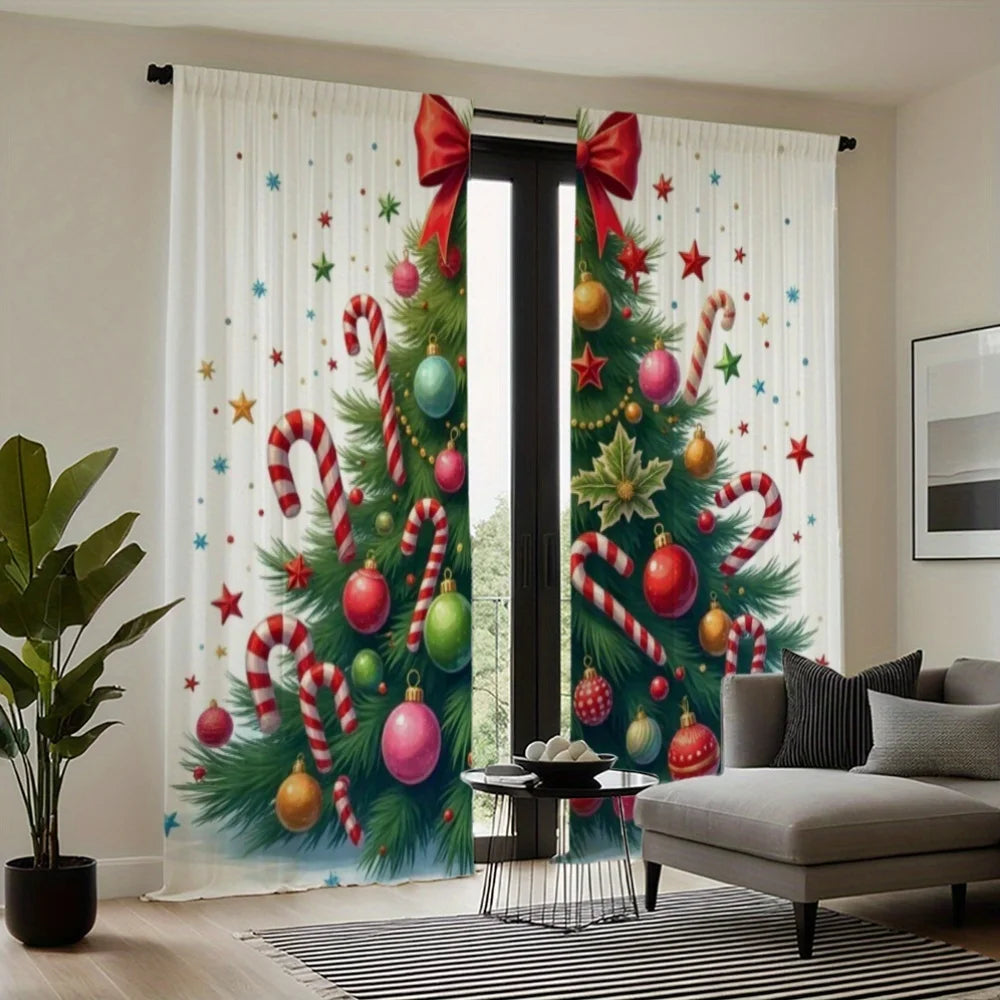 2pcs Festive Christmas Curtains - Red & White Striped with Golden & Silvery Balls, Rod Pocket Design, Semi-Transparent Polyester