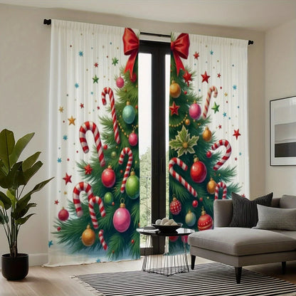 2pcs Festive Christmas Curtains - Red & White Striped with Golden & Silvery Balls, Rod Pocket Design, Semi-Transparent Polyester
