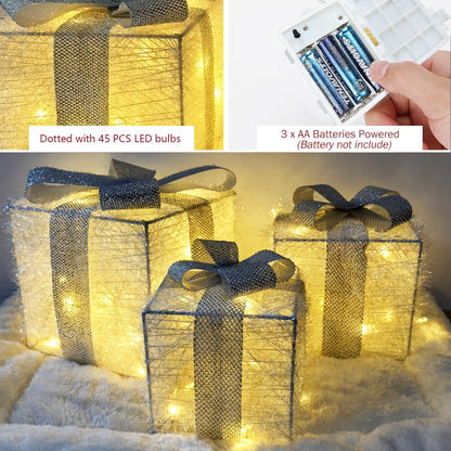 Set of 3 Christmas Lighted Gift Boxes,LED Light Up Present Box Decorations for Outdoor Indoor Christmas Tree, Yard, Home Decor