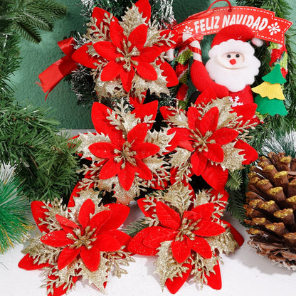 50/10x Large Artificial Sparking Glitter Christmas Flowers DIY Xmas Tree Floral Ornaments Red Poinsettia Flower for Party Decora