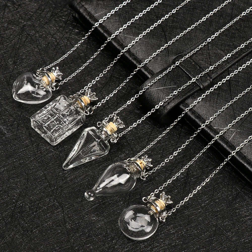Transparent Glass Vial Necklace Wishing Bottle Dried Flower Pendant Jewellery Openable Screw Cap Steel Chain Charm Perfume Jars