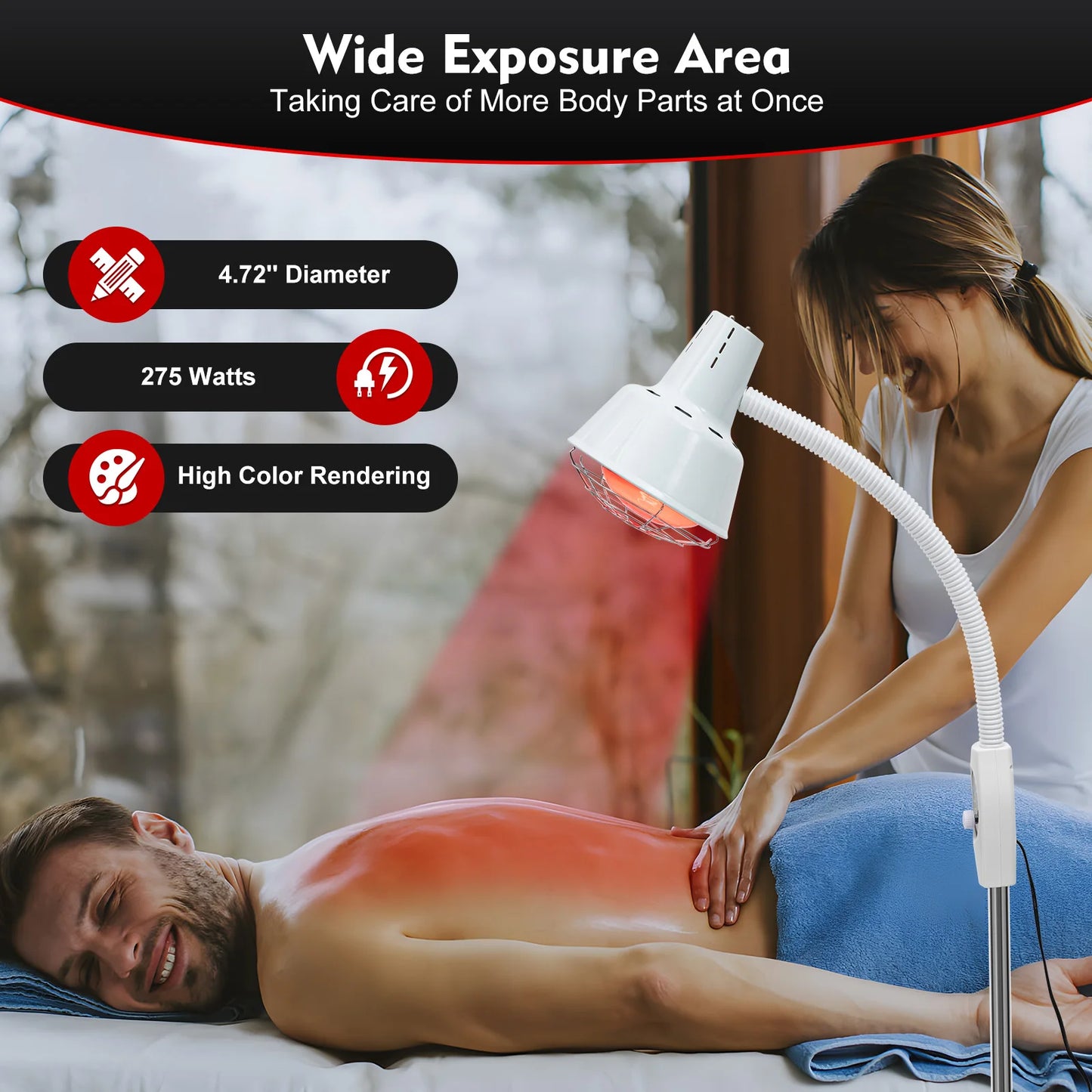 275W Adjustable Infrared Heat Lamp for Muscle&Joint Pain Relief, 360° Rotatable Infrared Therapeutic Light, 0-115℃ Temp Control