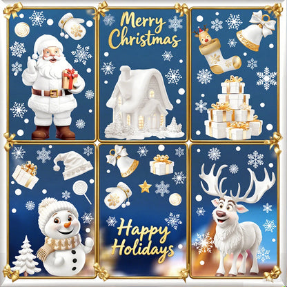 Christmas Window Clings Set Santa Cabin Reindeer Snowman Snowflake Gifts Holiday Static Stickers Mall Balcony Shop Decoration