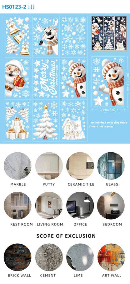 Christmas Window Clings Set Santa Cabin Reindeer Snowman Snowflake Gifts Holiday Static Stickers Mall Balcony Shop Decoration