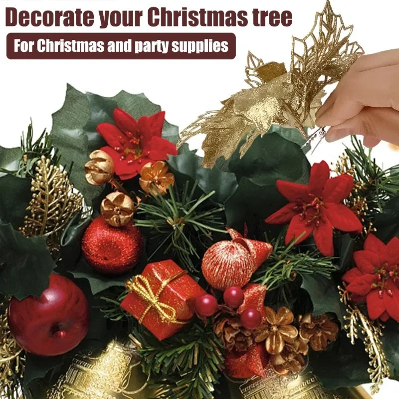 50/10x Large Artificial Sparking Glitter Christmas Flowers DIY Xmas Tree Floral Ornaments Red Poinsettia Flower for Party Decora