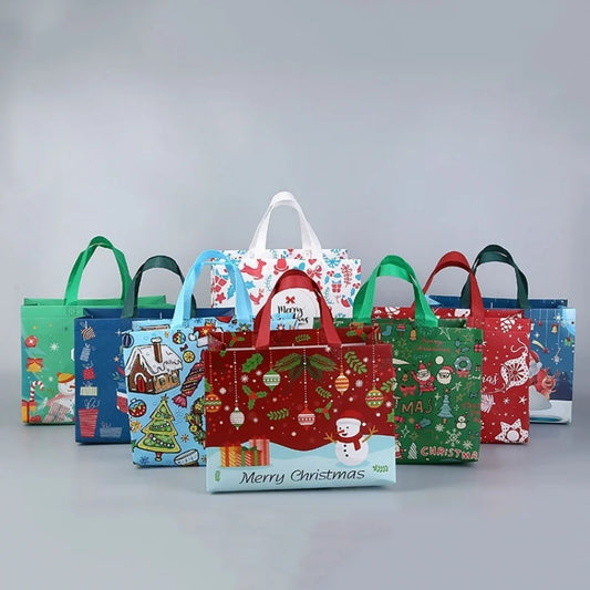 10PC New in Christmas Gift Bags Cartoon Cute Print Santa Elk Snowman Printing Non Woven Foldable Storage Handbag Party Supplies
