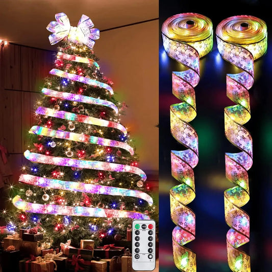 Christmas Ribbon Fairy Light Christmas Decoration For Home 2025 DIY Bows String Light Tree Ornaments Xmas Decor New Year 2026